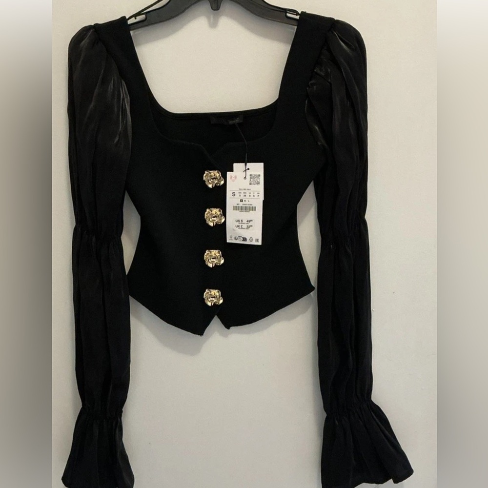 Zara Black Puff-Sleeve Button-Front Blouse - Picture 7 of 9